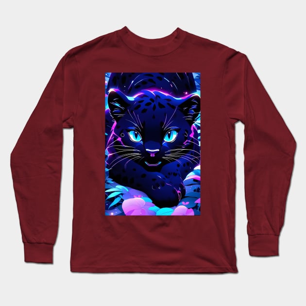 Cute Kawaii black panther art Long Sleeve T-Shirt by Spaceboyishere